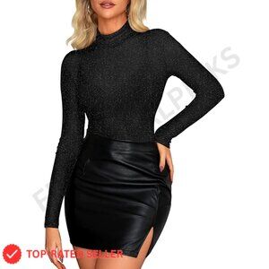Sheer Mesh Glitter Turtleneck Top Long Sleeve Sparkly Y2K Chic Layering Shirt
